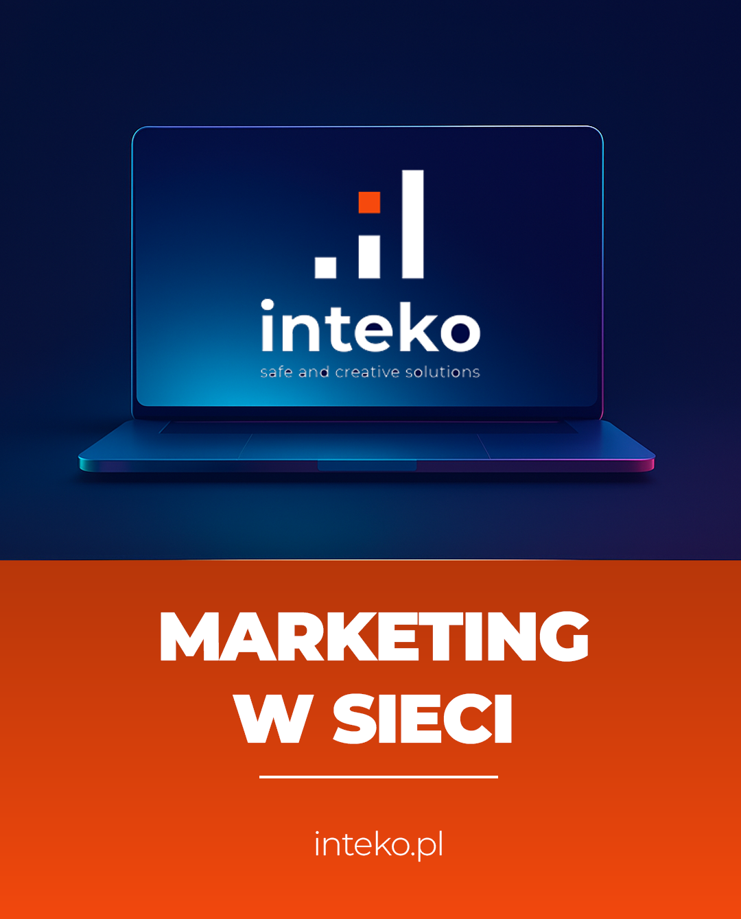 Marketing cyfrowy 2025 – monitor z layoutem strony i ikony social media na granatowym tle 
